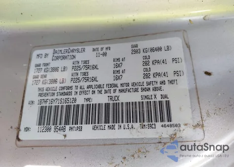 2001 Dodge Ram 1500 St from USA, damaged, VIN 1B7HF16Y71S165120